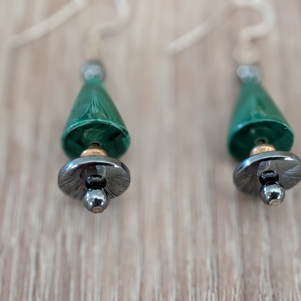 Sterling Silver 925 Vintage Boho Malachite Dangle Earrings - Picture 3 of 6